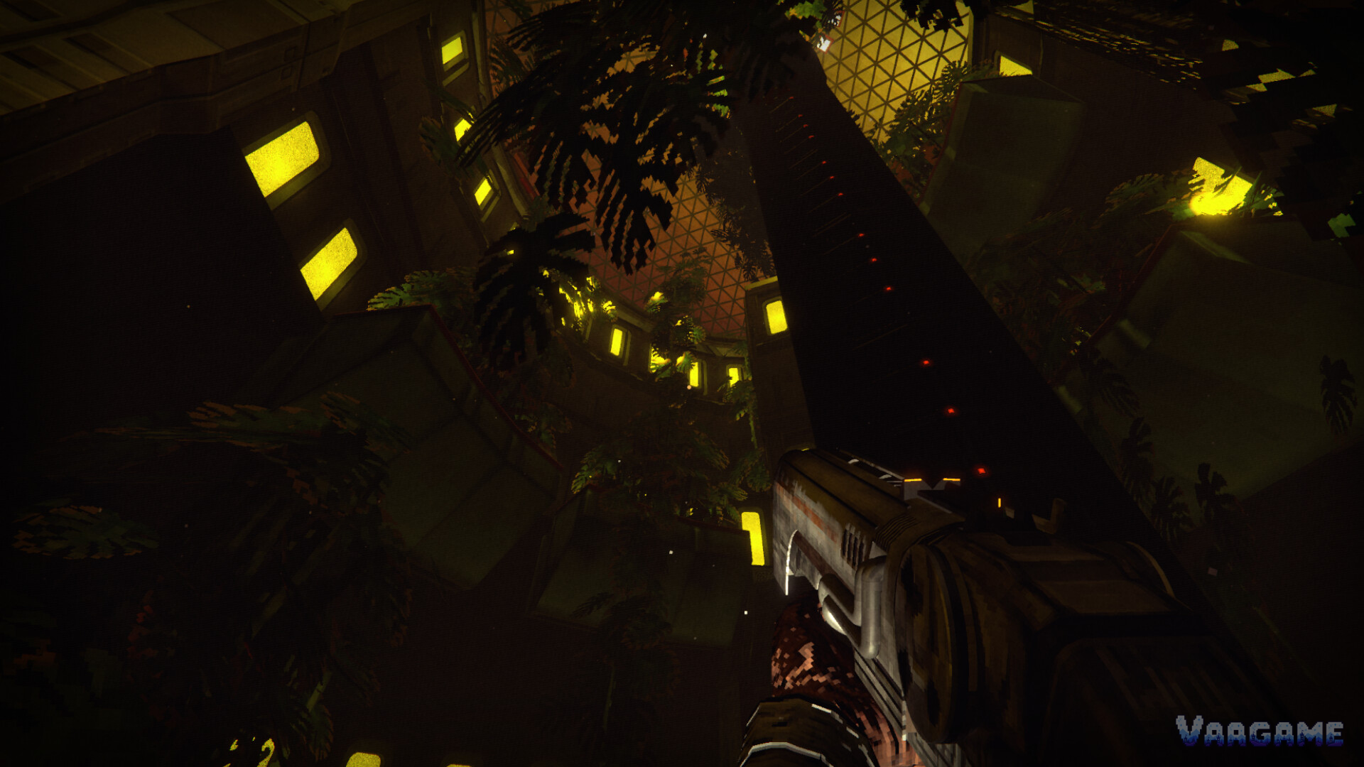 Looking up through the overgrown Nexus Gardens atrium to the geodesic dome