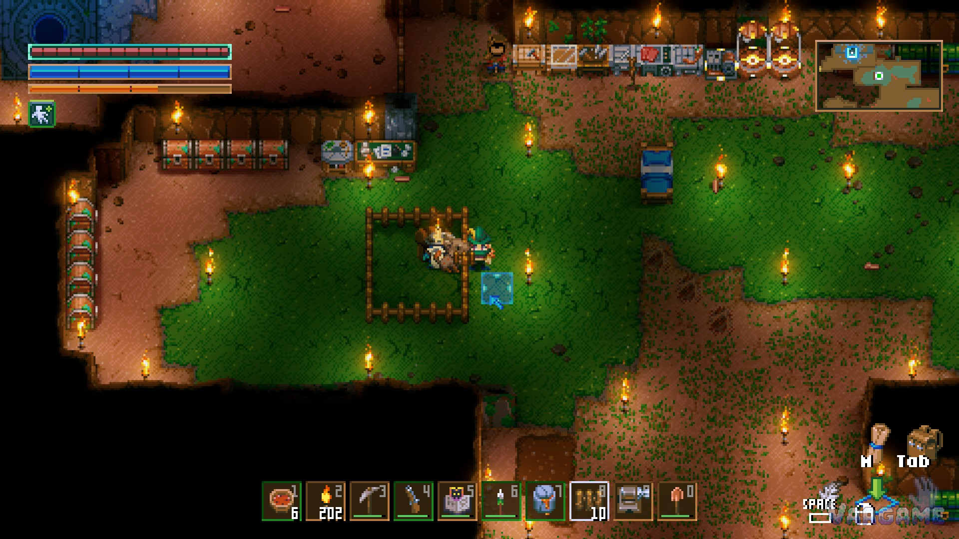 A tidy starter base with bed, chests and a small fenced plot