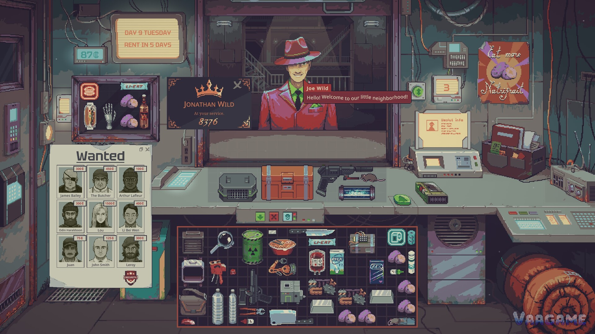 The shop counter in Probably Stolen with a customer, a wanted board and rent due in five days