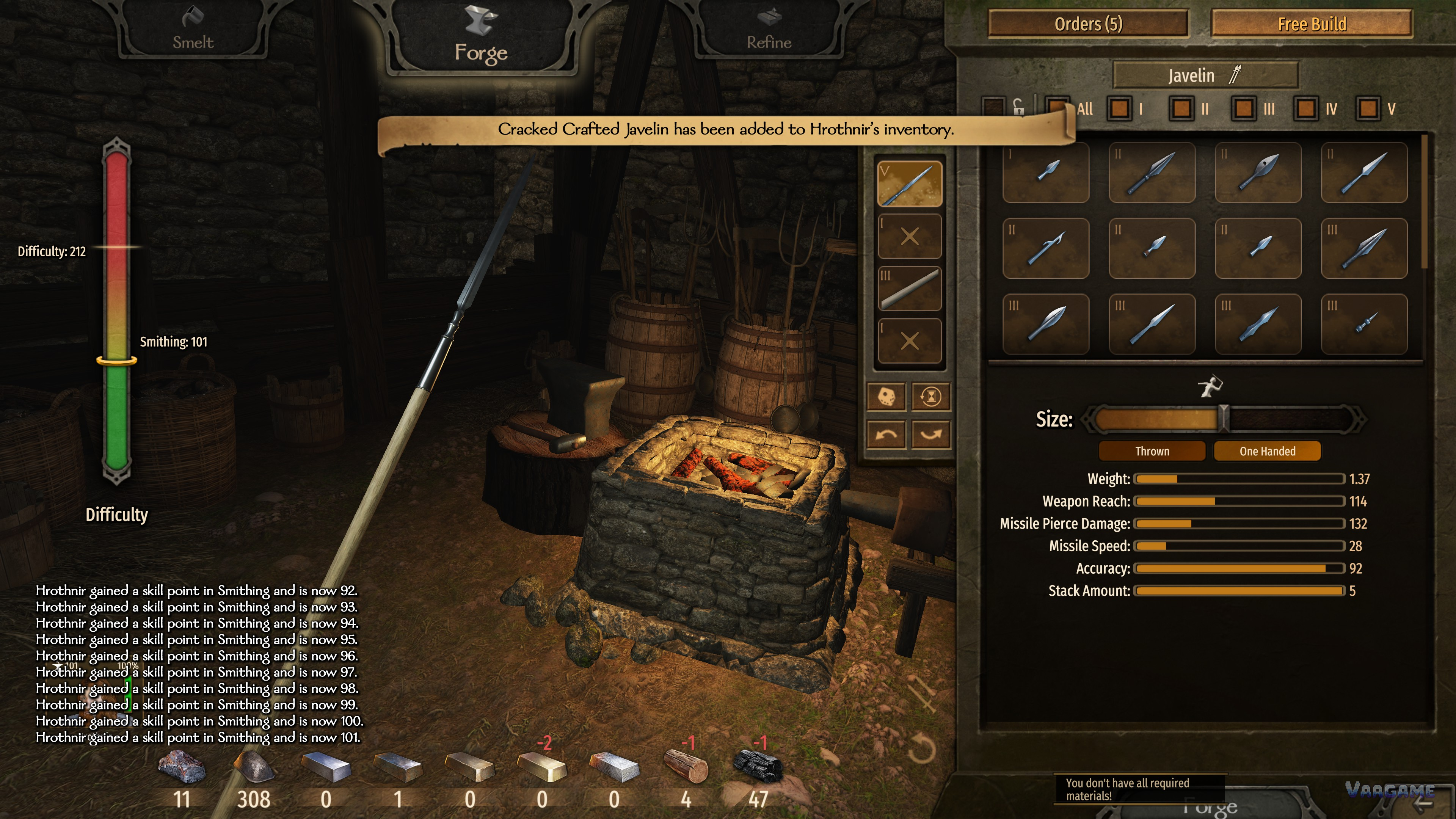Bannerlord smithy crafting screen with Forge and Refine tabs and weapon parts