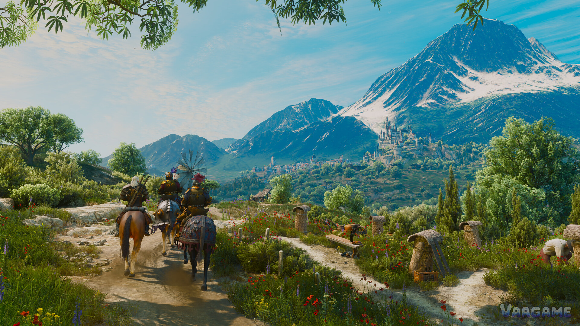 Three riders approaching Beauclair palace under snowy peaks in Toussaint