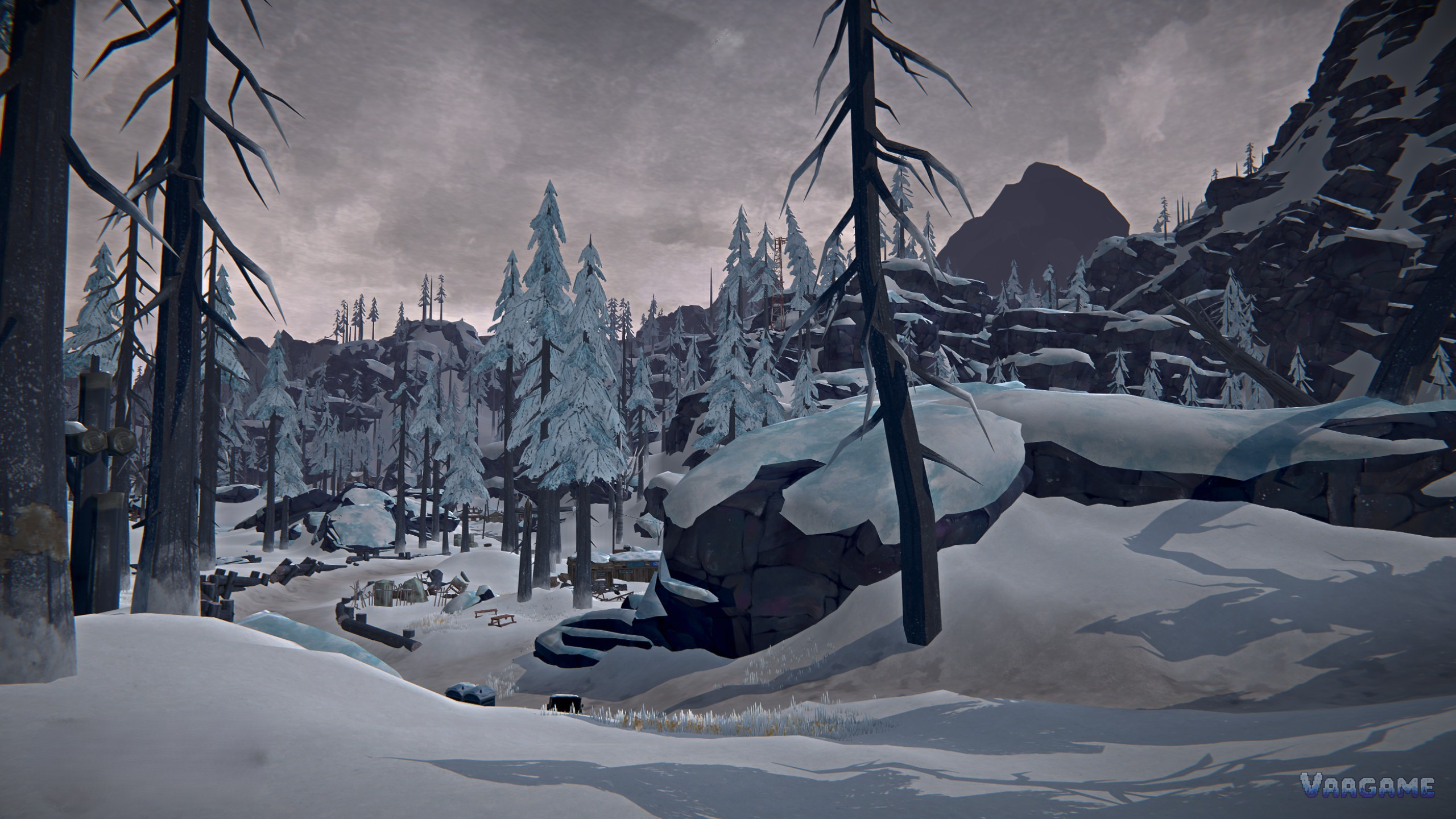 Snowy valley with rock outcrops and pines