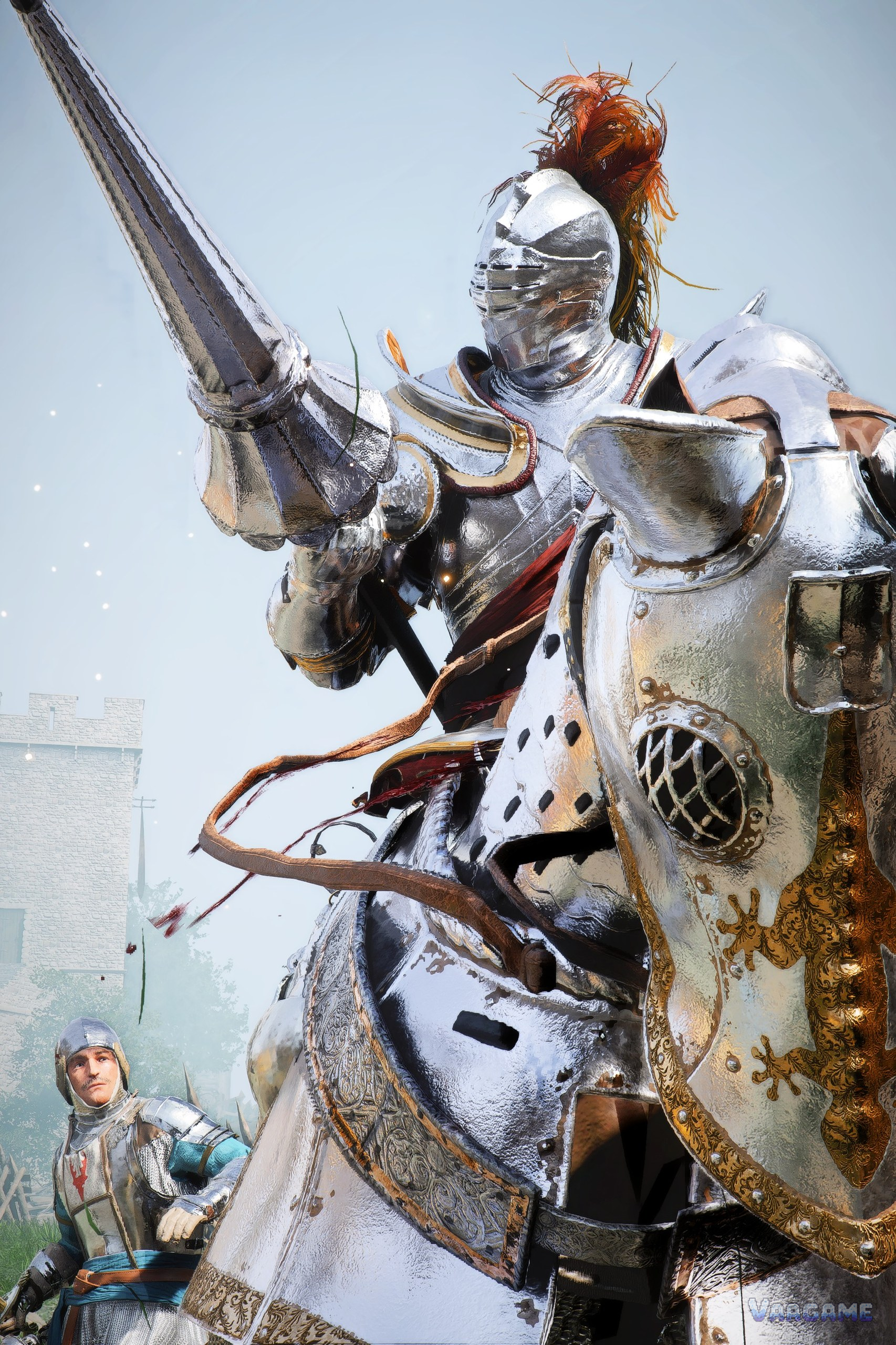 An armored rider at full charge: mounted gear and posture change how a fight opens, so practice on open ground first.