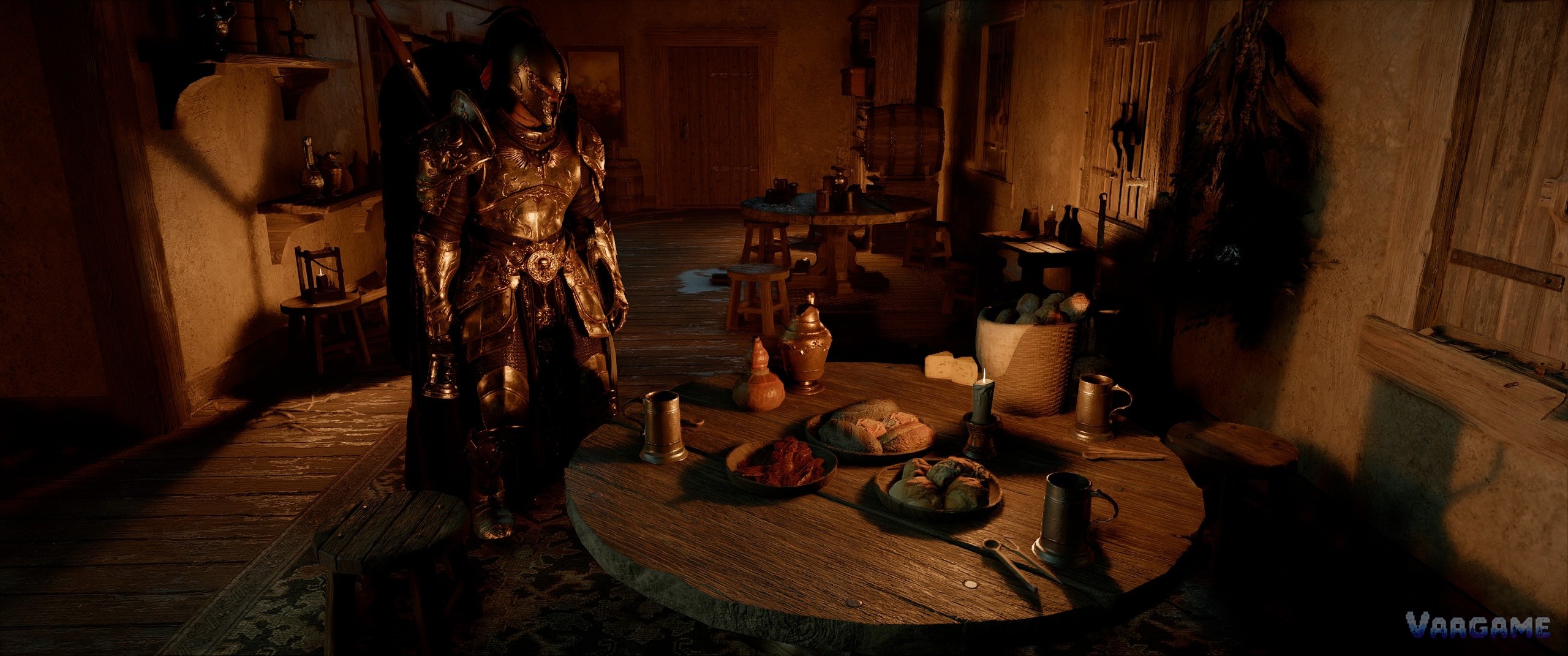 A lamplit tavern interior: faction folk and side characters are met in rooms like this, not only on quest markers.