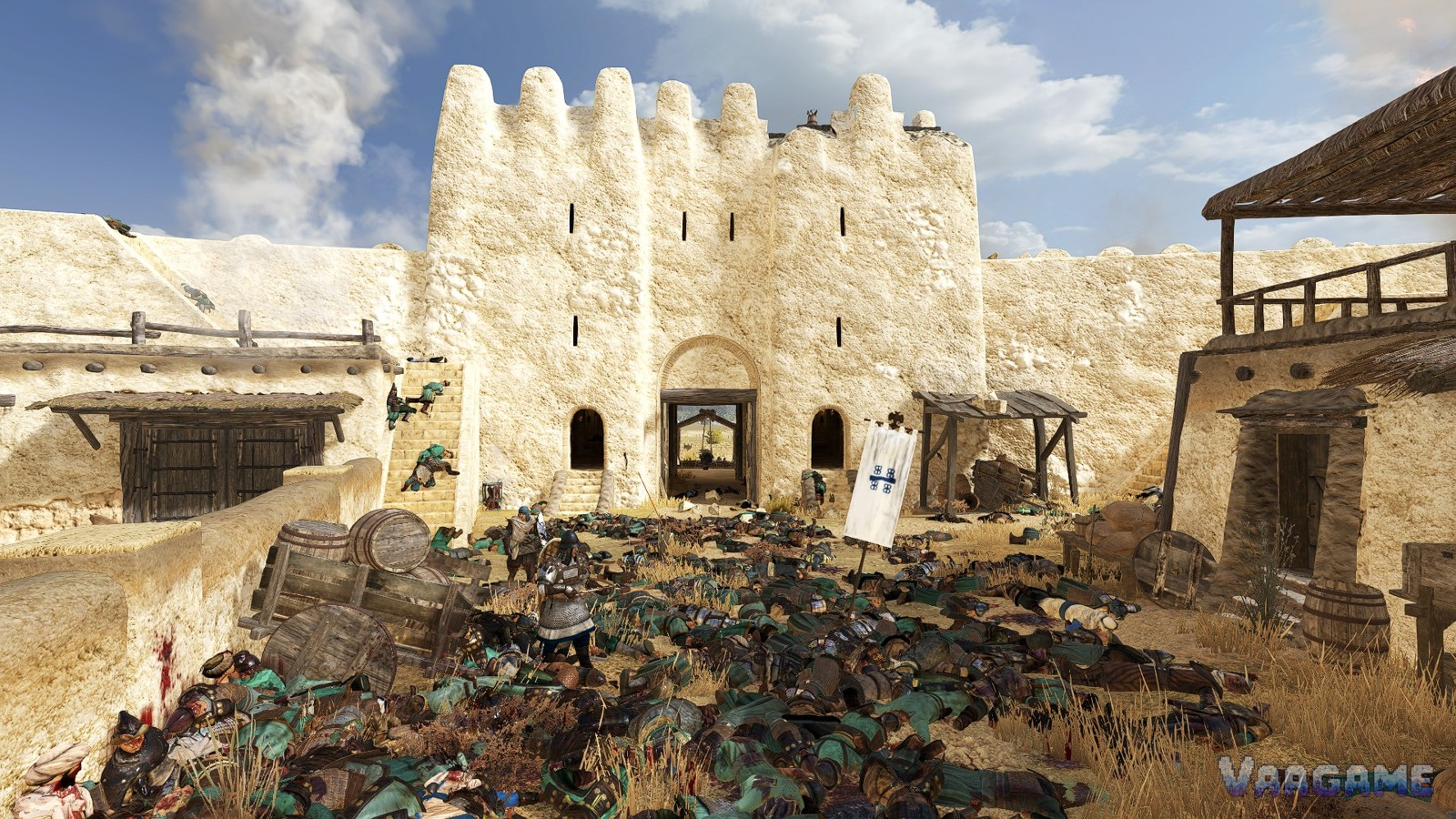 Captured town courtyard after battle, fallen soldiers and a planted banner