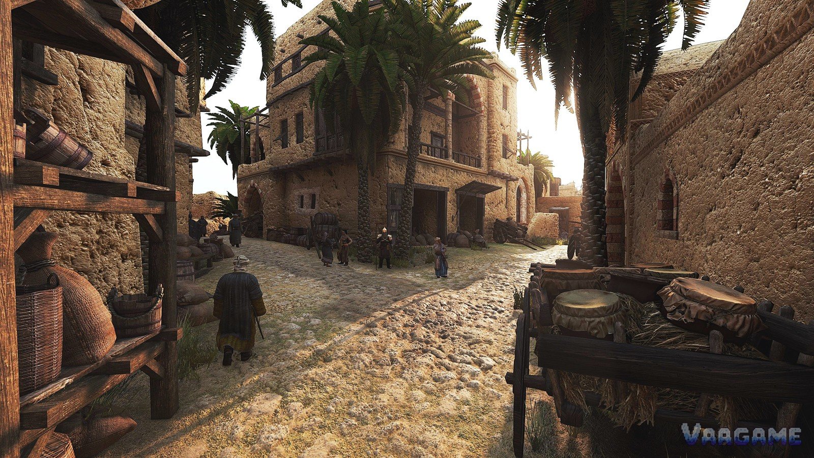 Desert town street with palm trees, carts and townspeople