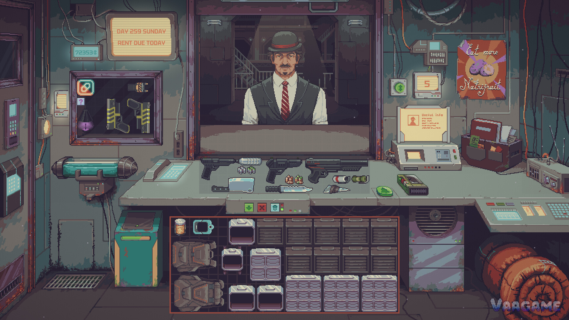 A suited customer at the counter, gun resting by the register (official screenshot)