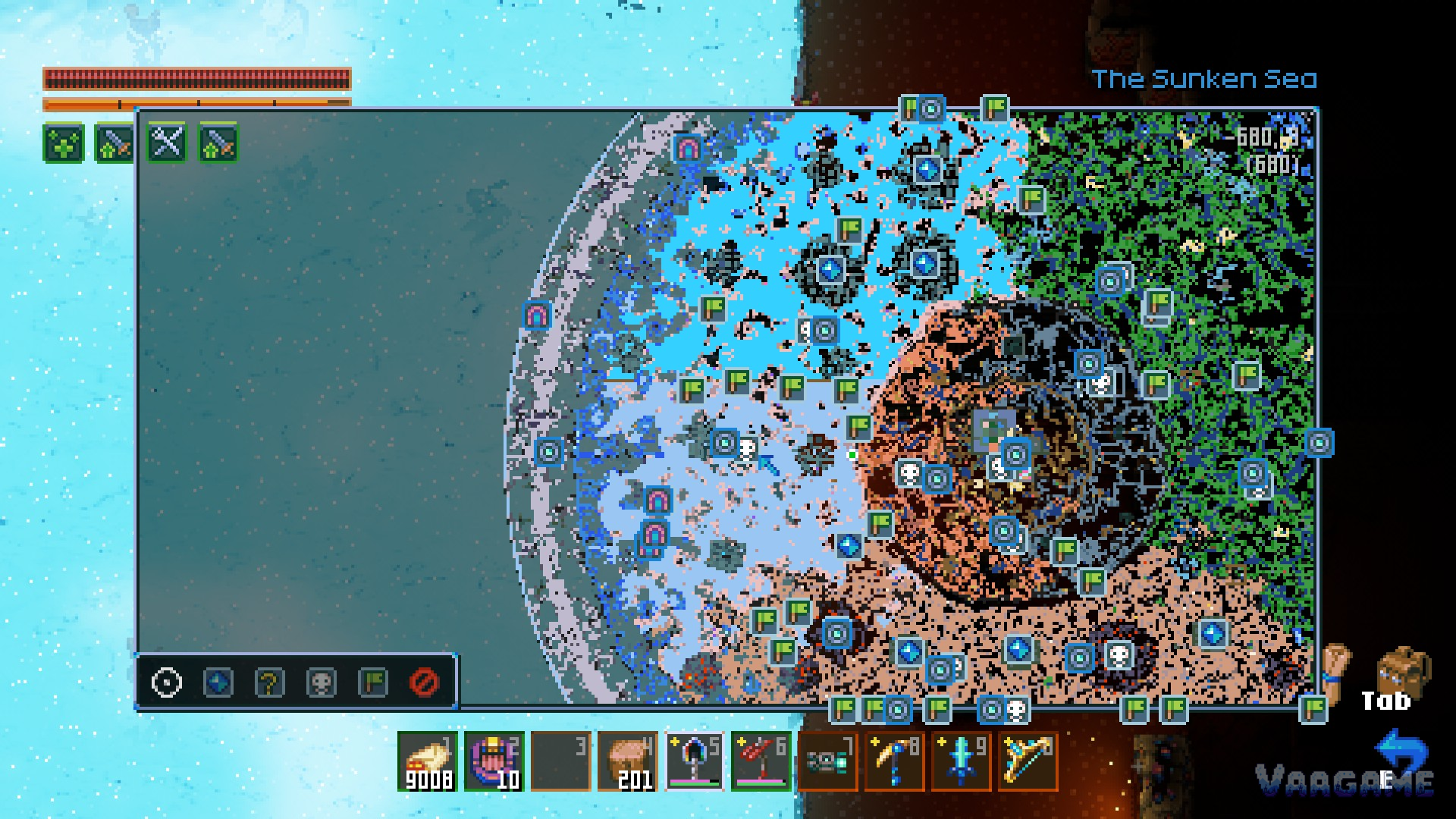 The full map open on the Sunken Sea, waypoints and skull markers across three biomes