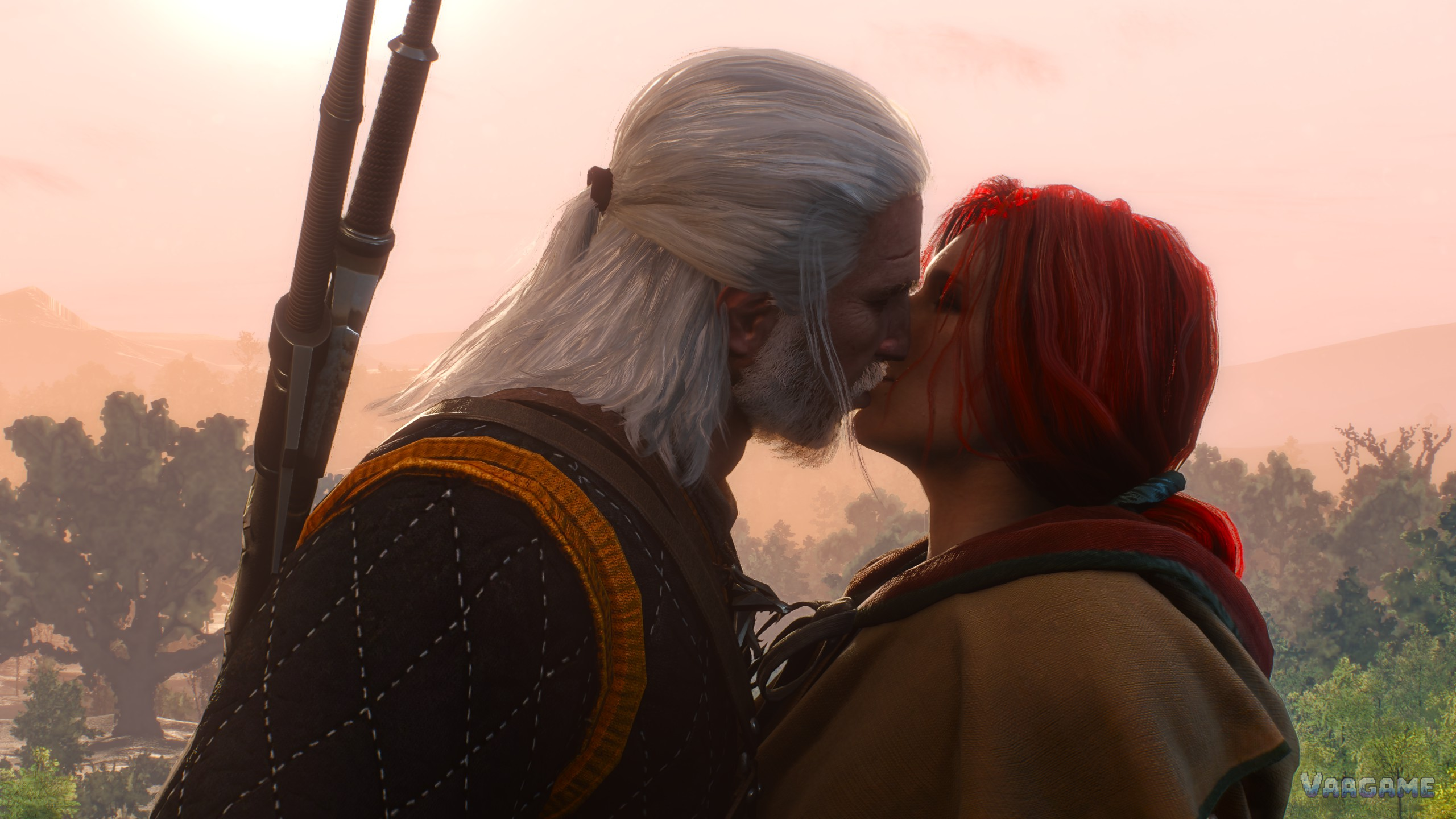 Geralt and Triss sharing a moment at sunset