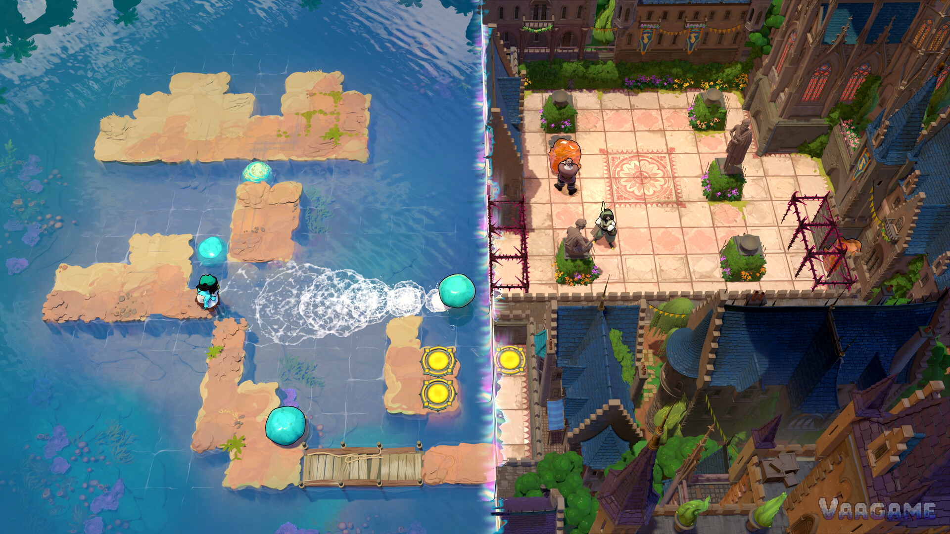 The split-screen shot from the store page: the Sailor works the shallows on the left