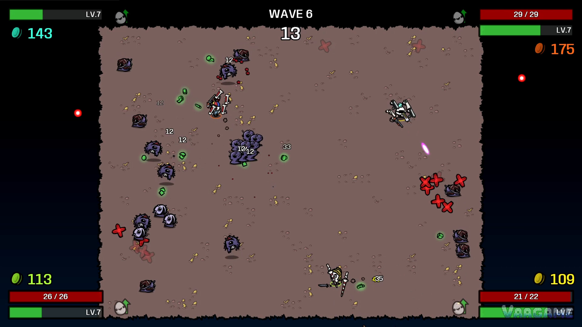Brotato gameplay in wave 6 with enemies and damage numbers on screen