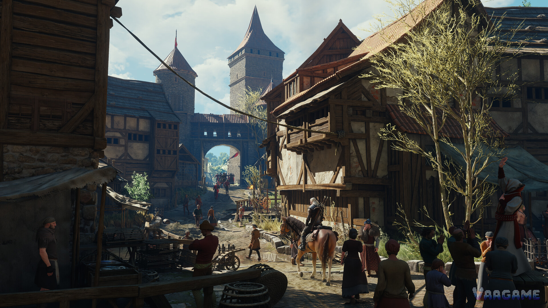 Geralt riding through a Novigrad street toward the gate tower, a preacher haranguing the crowd