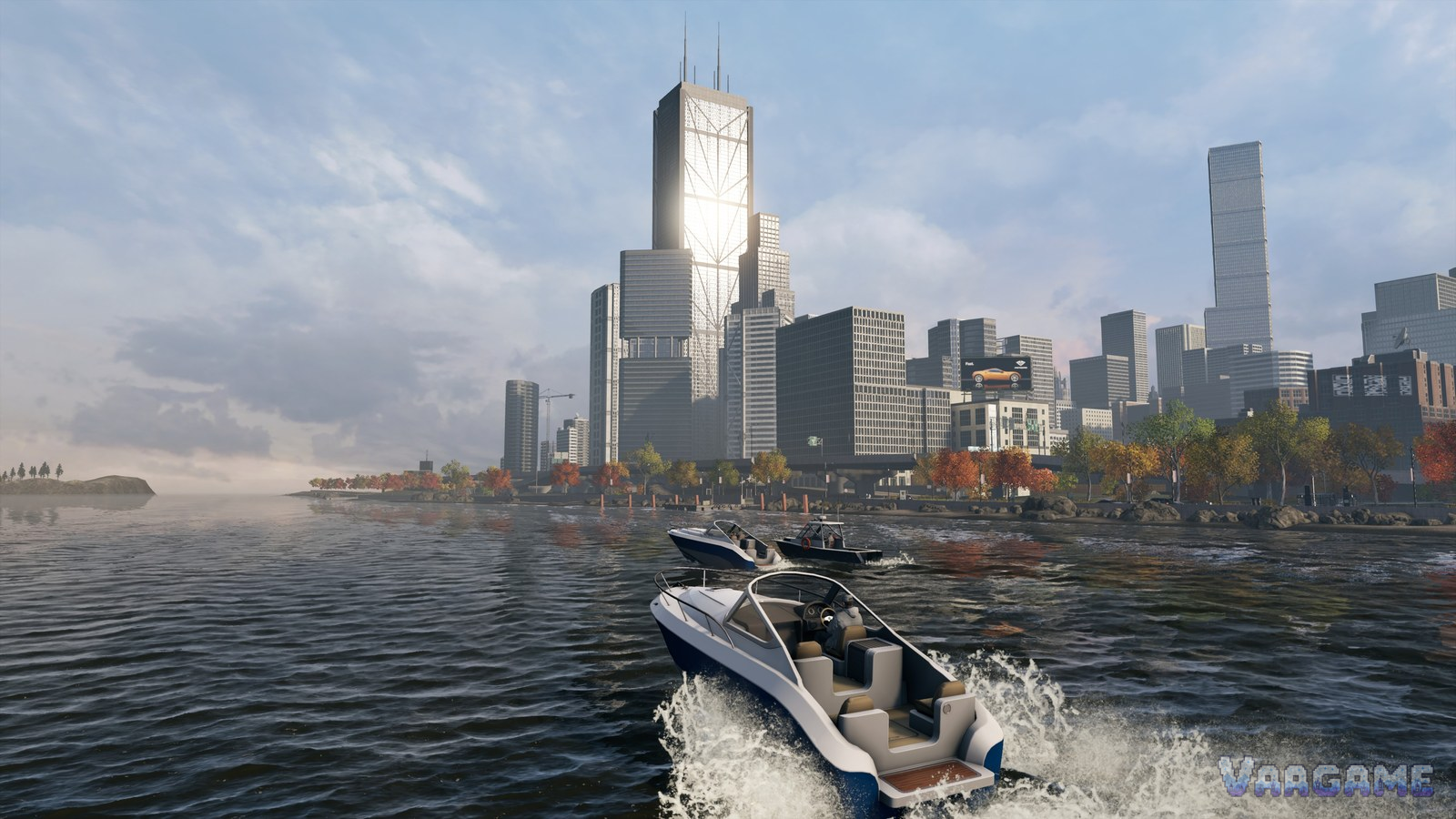 Watch Dogs game screenshot of boats on the water before a tall city tower in daylight