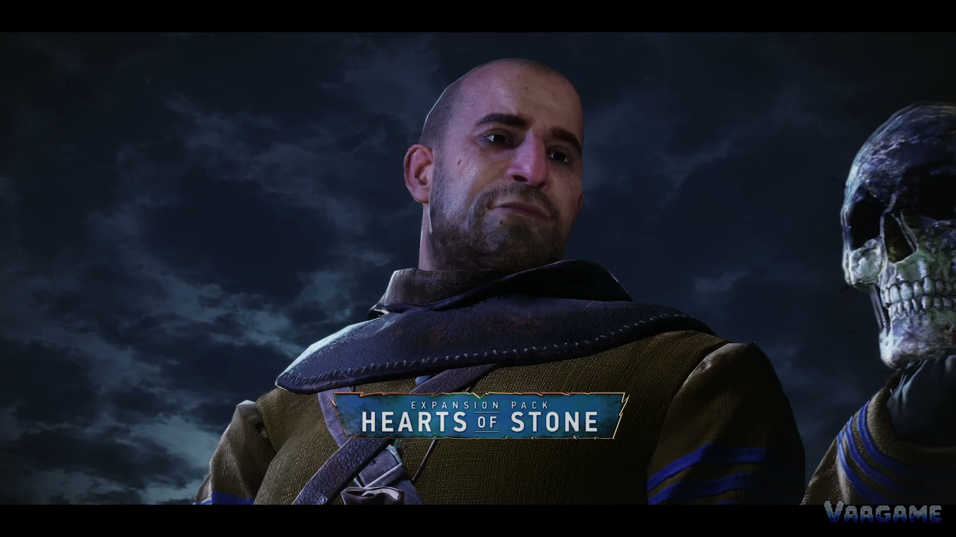 The Hearts of Stone card: Olgierd von Everec under a storm sky, a skull at the frame's edge