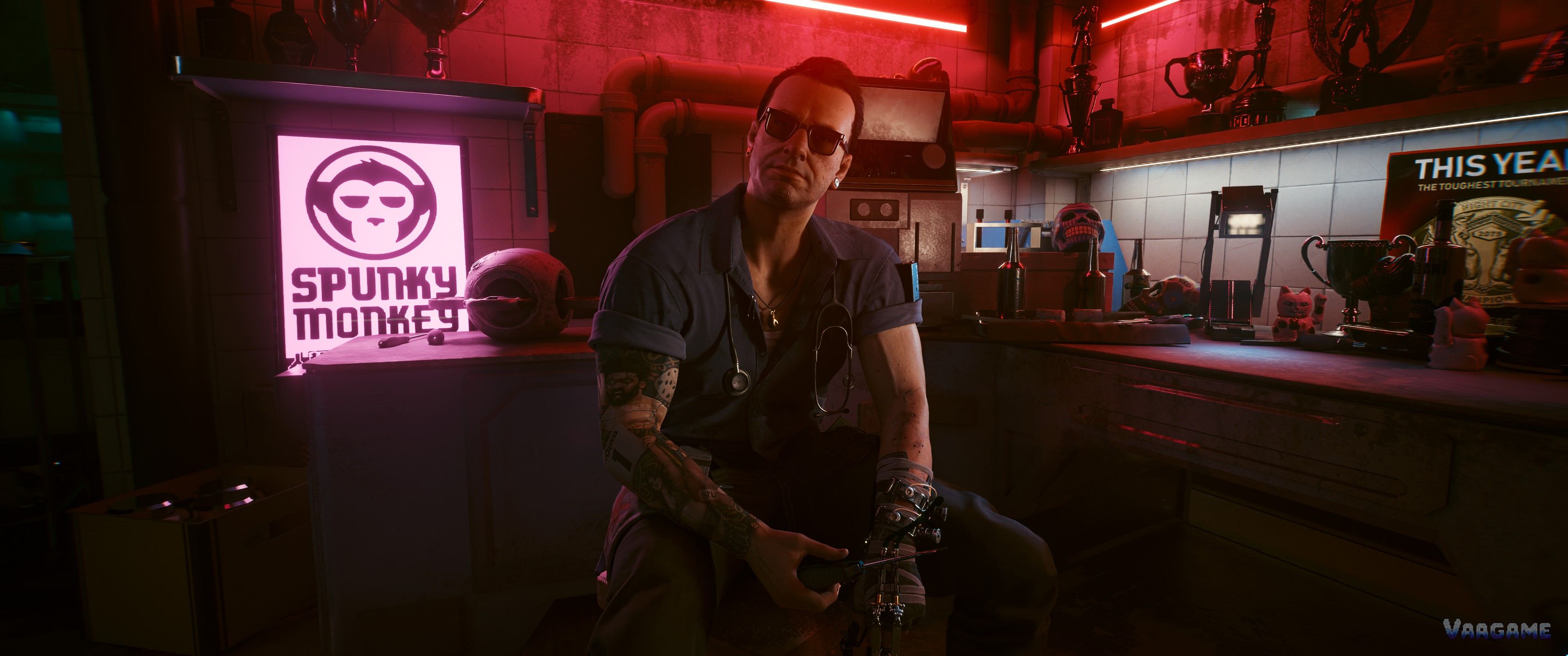 A ripperdoc sitting at his clinic counter in Cyberpunk 2077