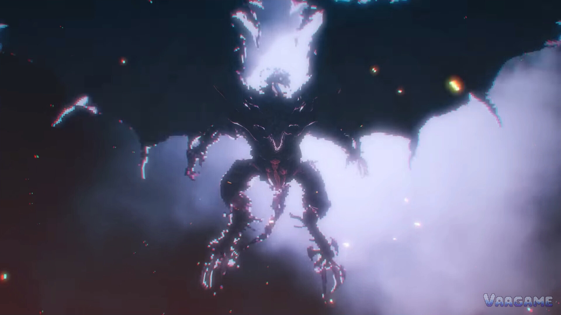 A huge winged silhouette descends through glowing clouds in a cinematic scene from Final Fantasy Resonance