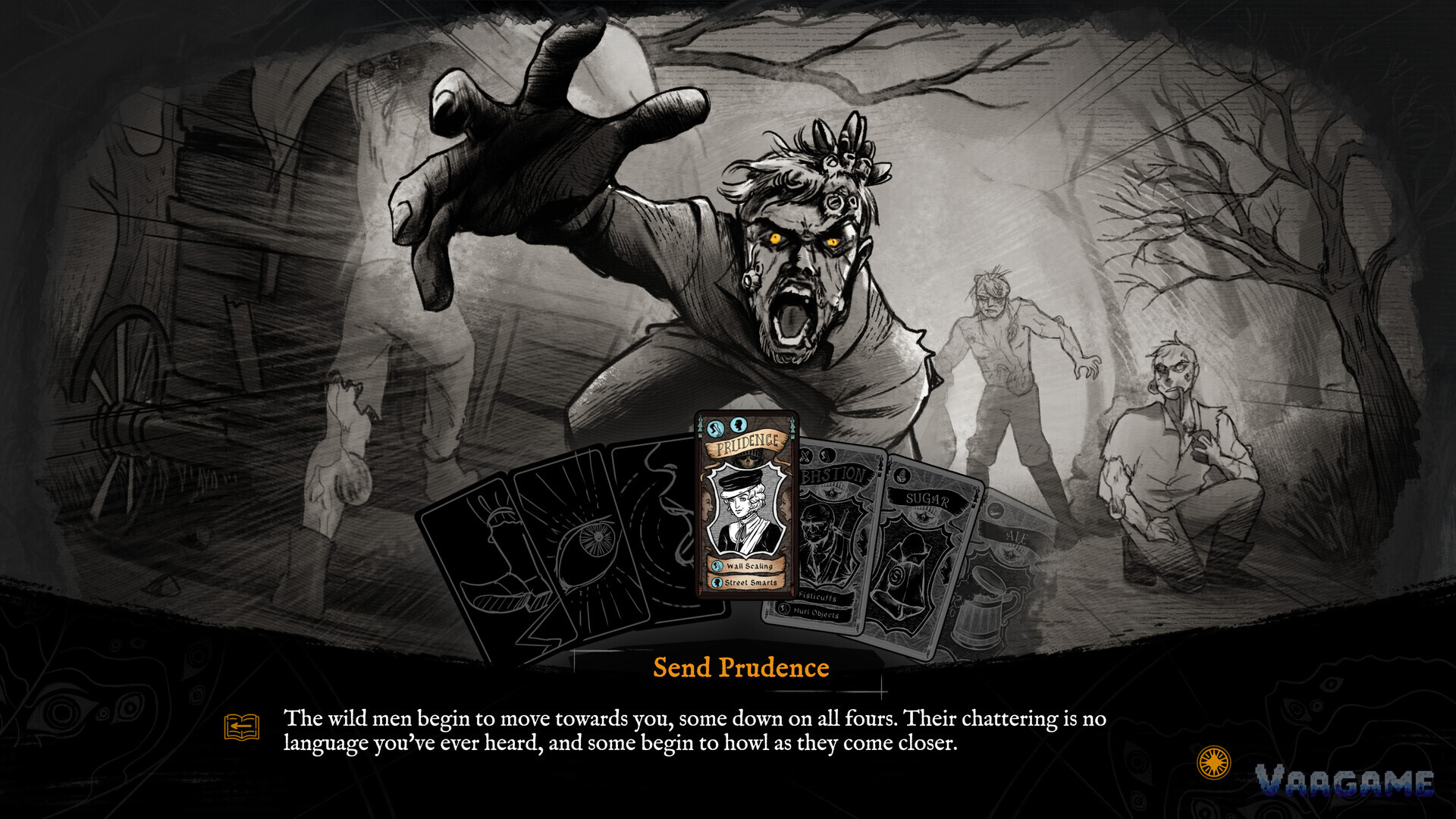 Expedition card hand with Prudence Bastion Sugar and Ale cards facing wild men