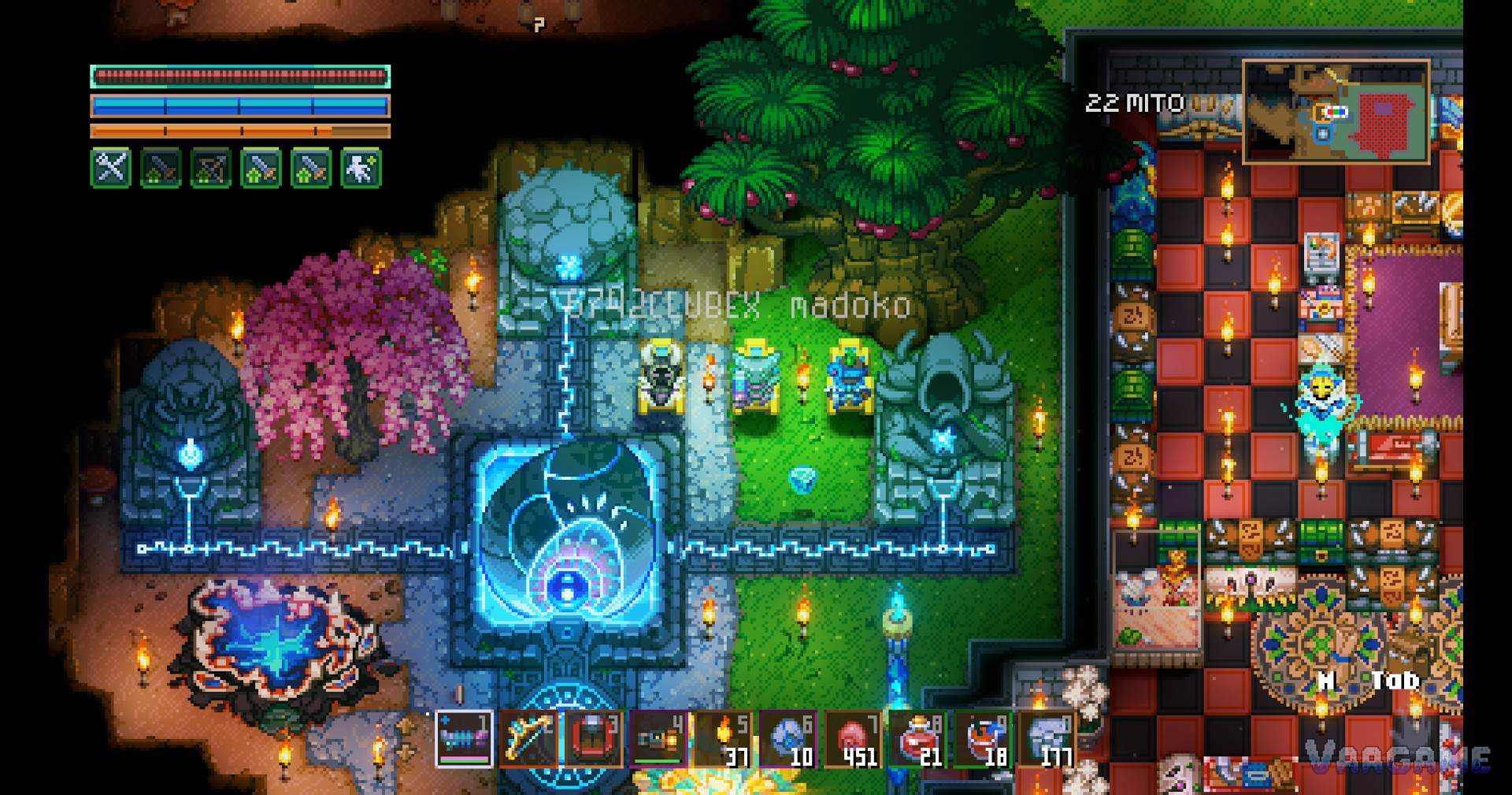 The activated Core glowing at the centre, its three statues linked to it by circuitry, two explorers in attendance