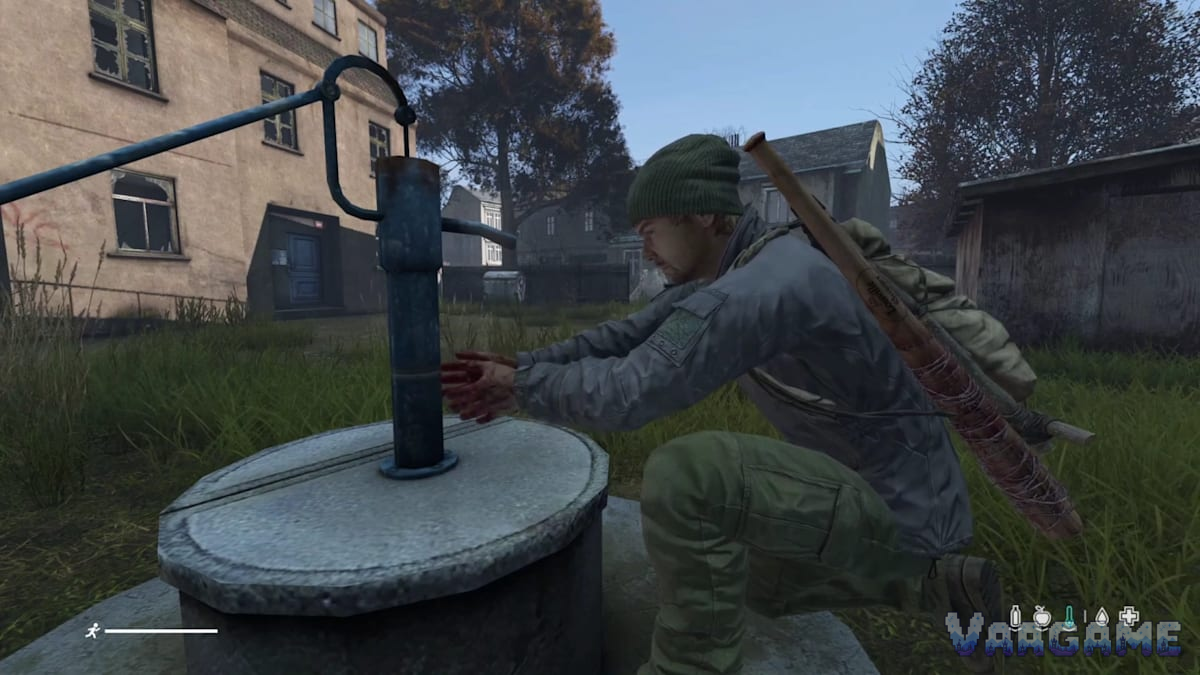 A survivor at a settlement pump: water is useful, but bloodied hands must be cleaned before direct drinking.