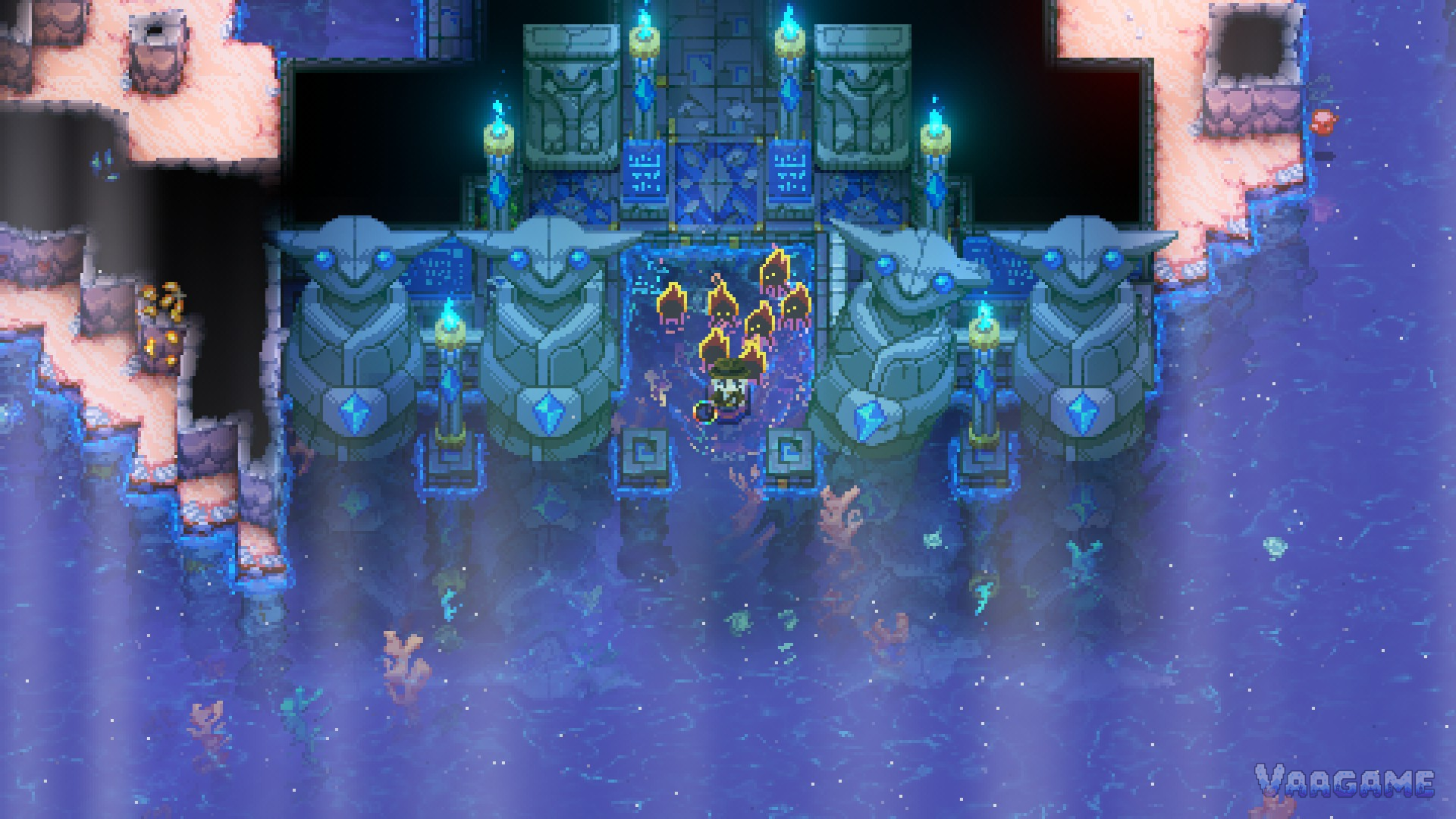 Six flame imps lined up with their summoner on the steps of a Sunken Sea temple