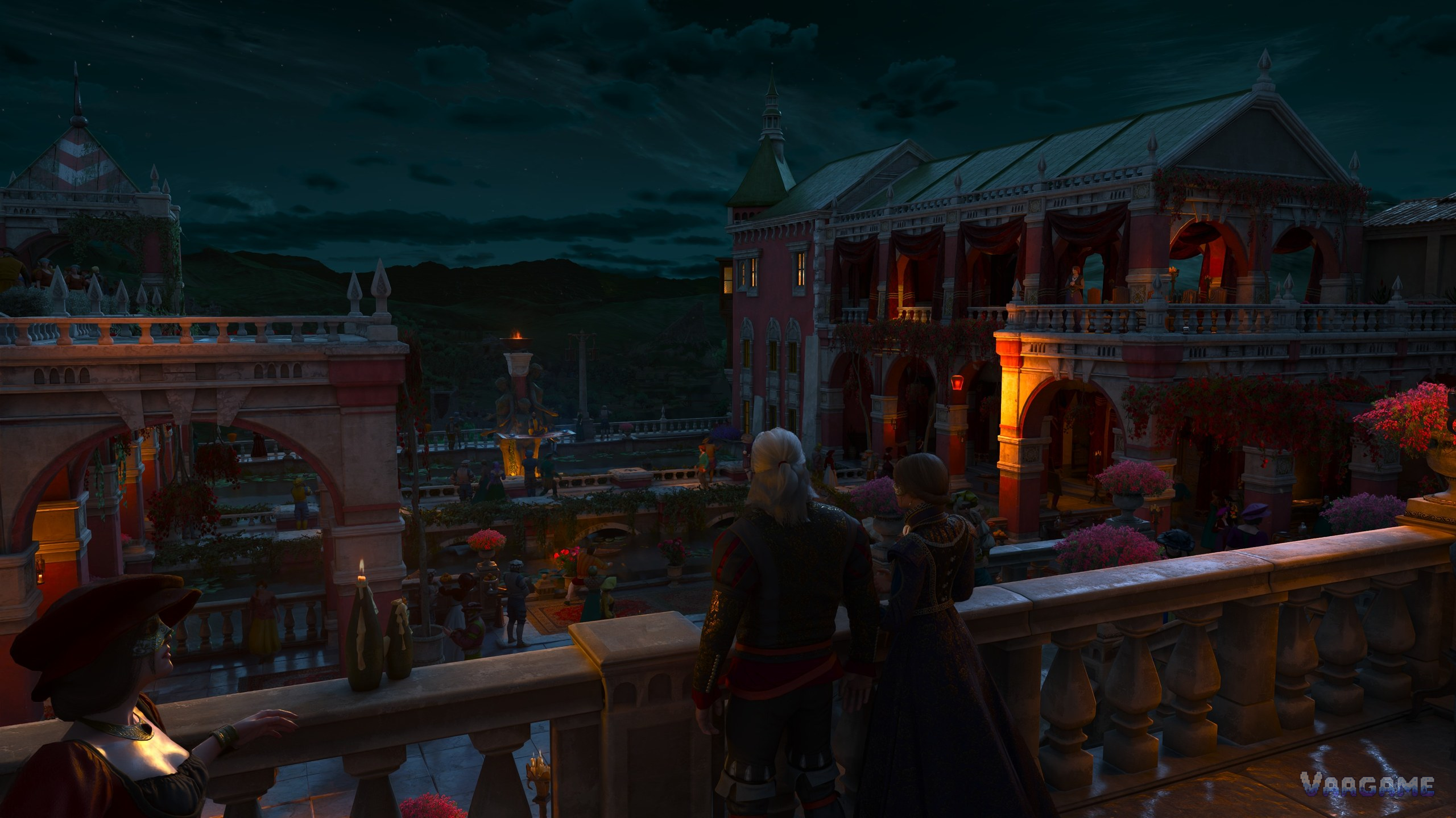 A lamplit palace terrace at night crowded with guests