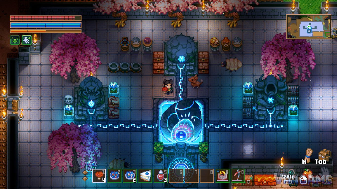 Three cooking pots in a row beside the powered Core, with a corgi pet and a sheep nearby