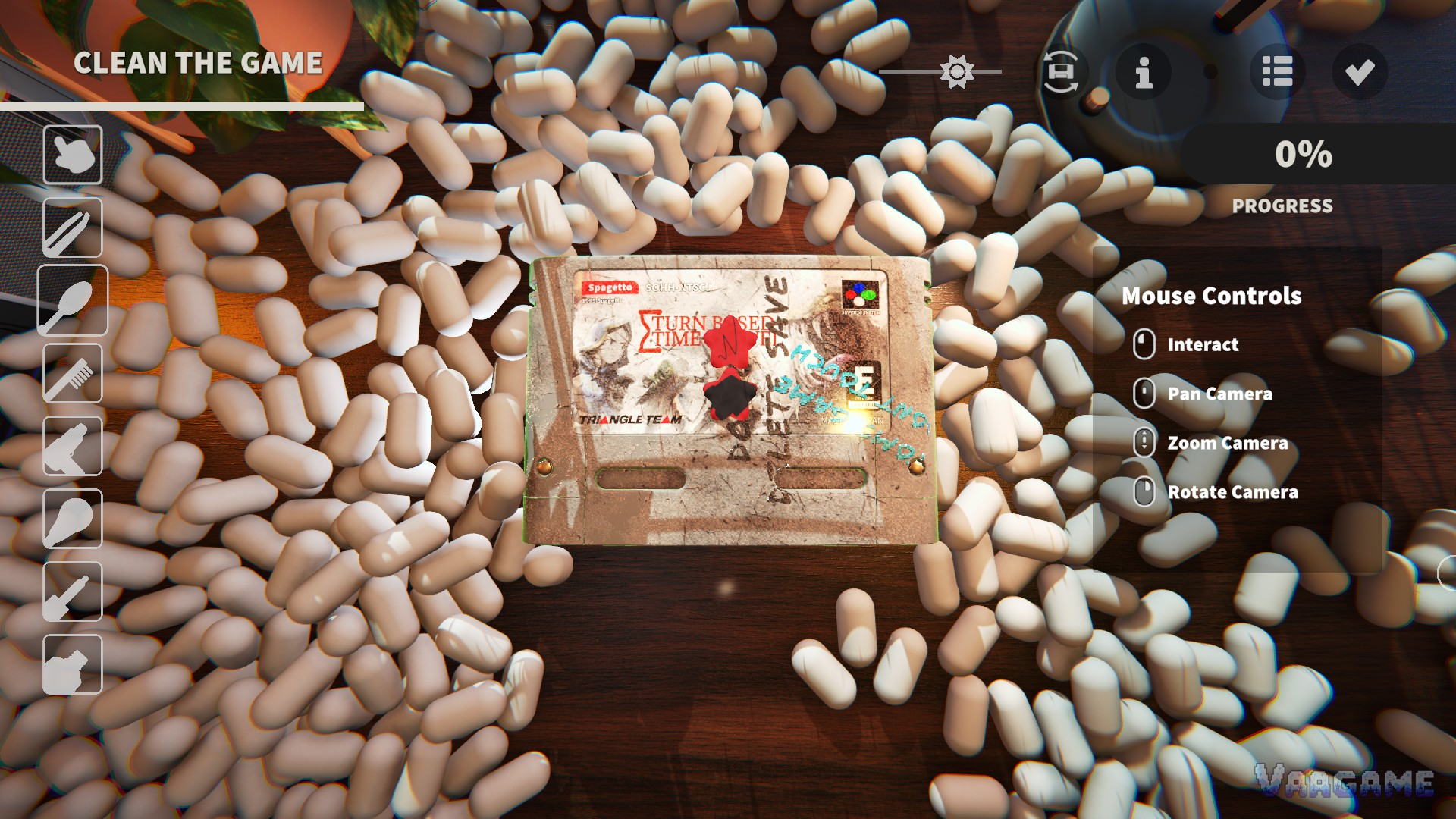 A cartridge at 0 percent, marker scribbles and dust untouched, with the mouse controls listed