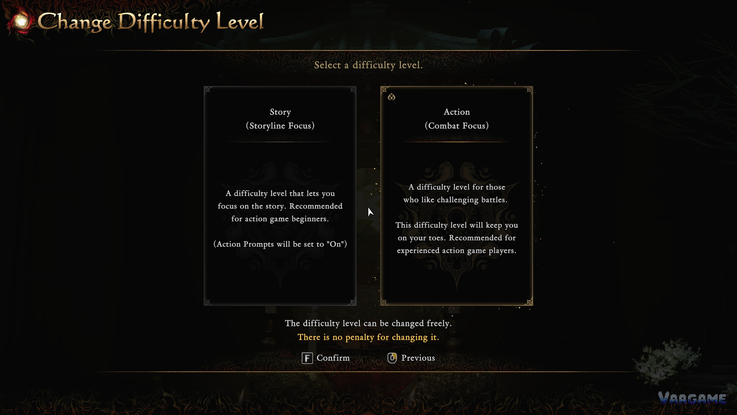 Story and Action are shown here, with Action highlighted and Confirm below.
