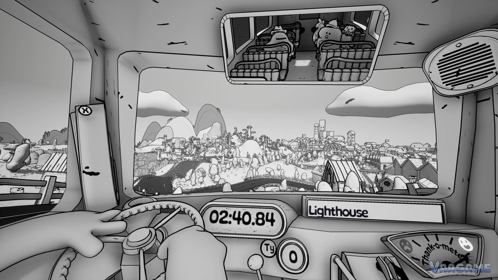 巴士驾驶座第一人称视角：计时器、Lighthouse 目的地牌与感谢仪表