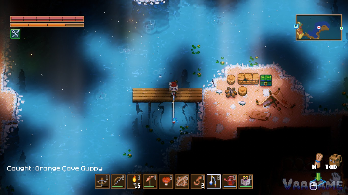 Fishing from a wooden dock in a cave lake, an English Caught message at lower left