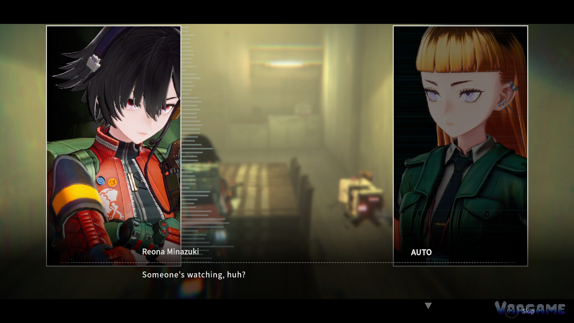 Dialogue scene with Reona talking to a blonde woman in a green uniform, line Someone's watching, huh?