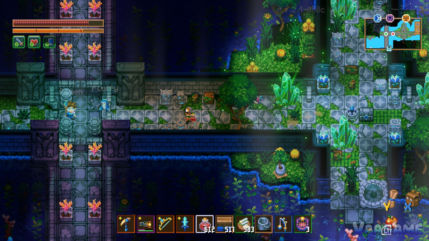 Stone ruins standing in water in Azeos' Wilderness, two explorers picking through them