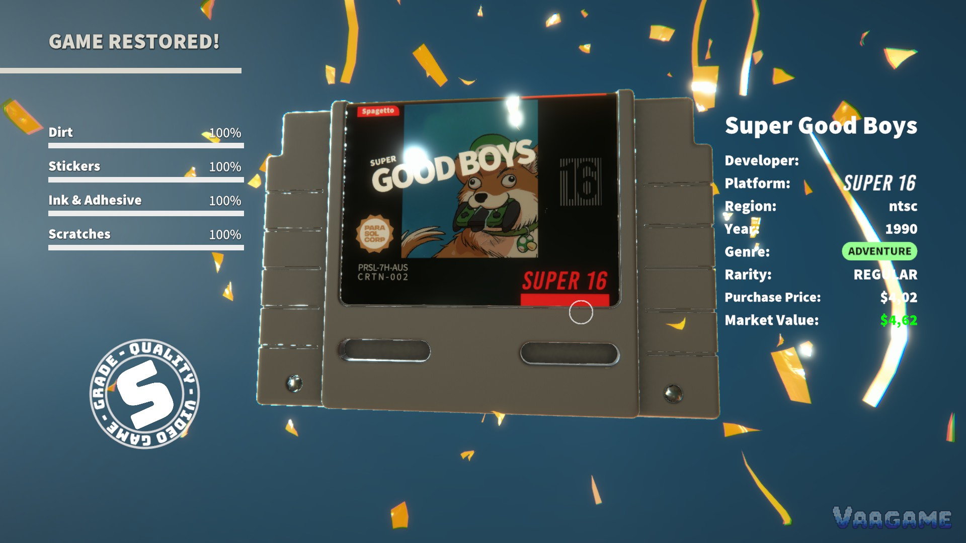 The result screen for a restored game, with its full detail panel: platform, region, year, genre, rarity and value