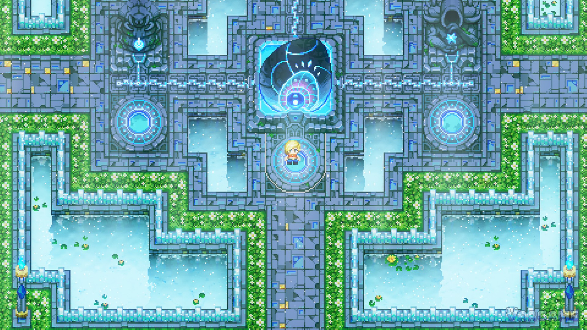 被遗忘的遗迹石砌迷宫神殿：上方中央是主殿，左右各一座圆形传送阵，下方有方池与花草带