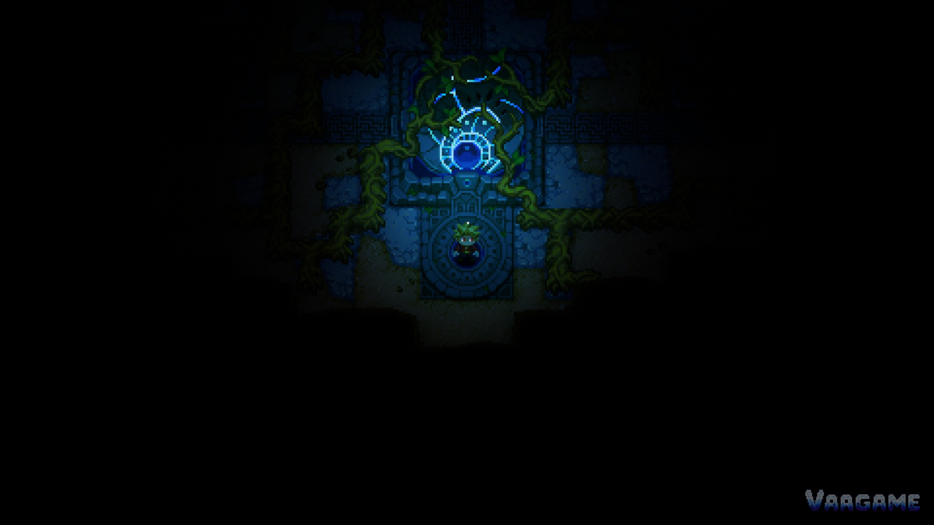 The sleeping Core wrapped in thick green vines, an explorer standing alone on the waypoint circle