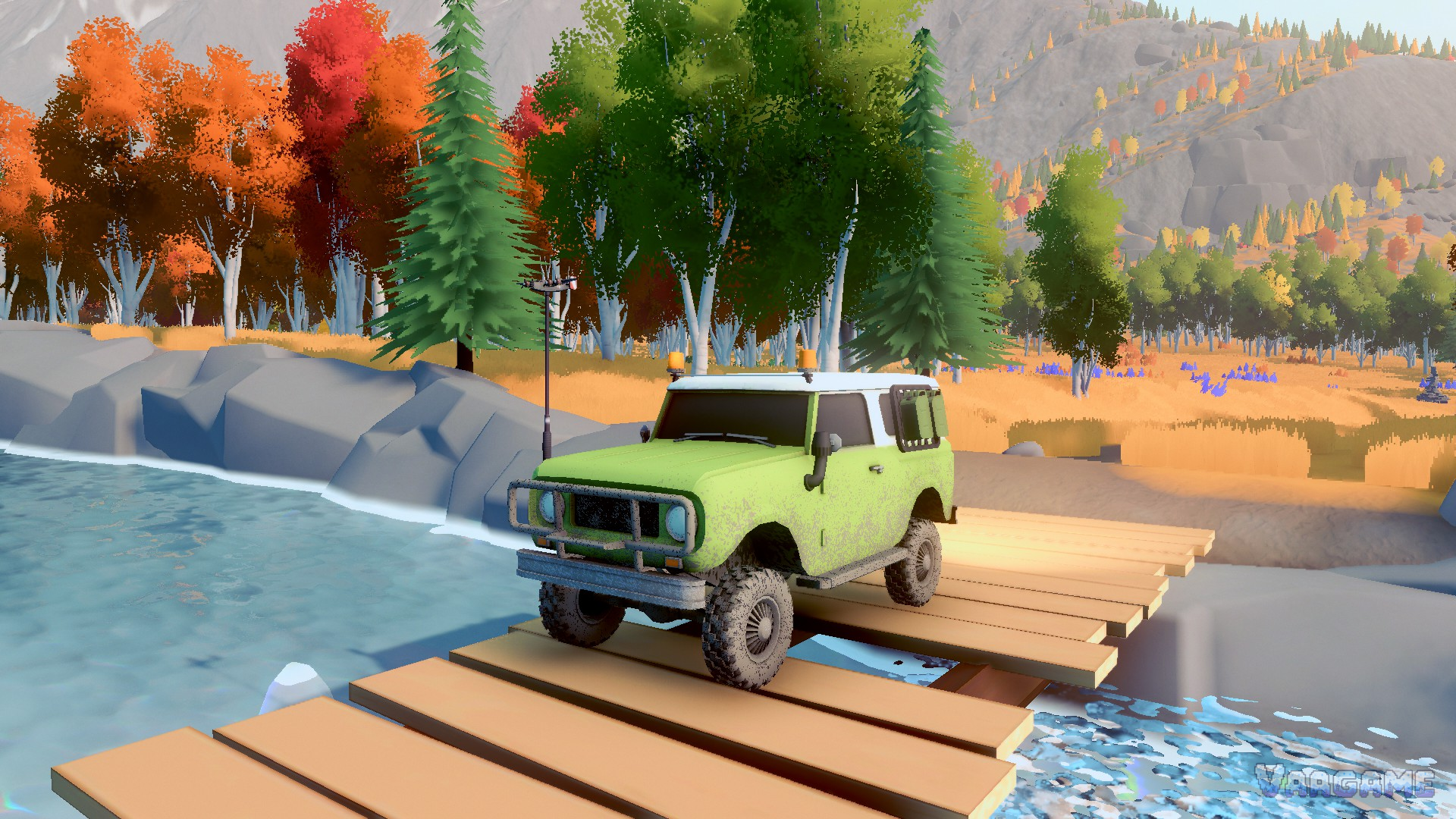 A green 4x4 crossing a stream on a bridge of loose planks