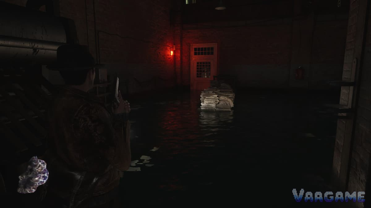 The red light marks the locked storage-room entrance.
