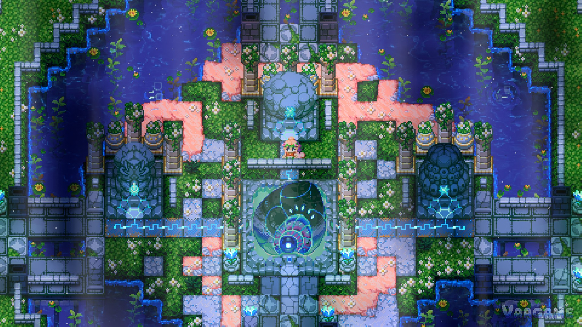 The Core before power-up, dormant in a lakeside temple with its three statues standing dark among flowers