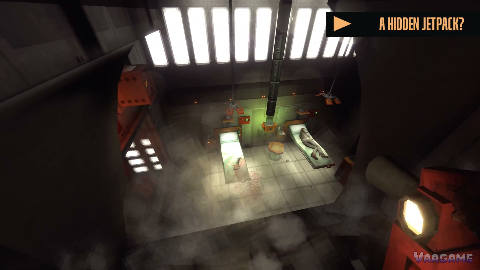 A cloning room from above: two slabs, one of them occupied