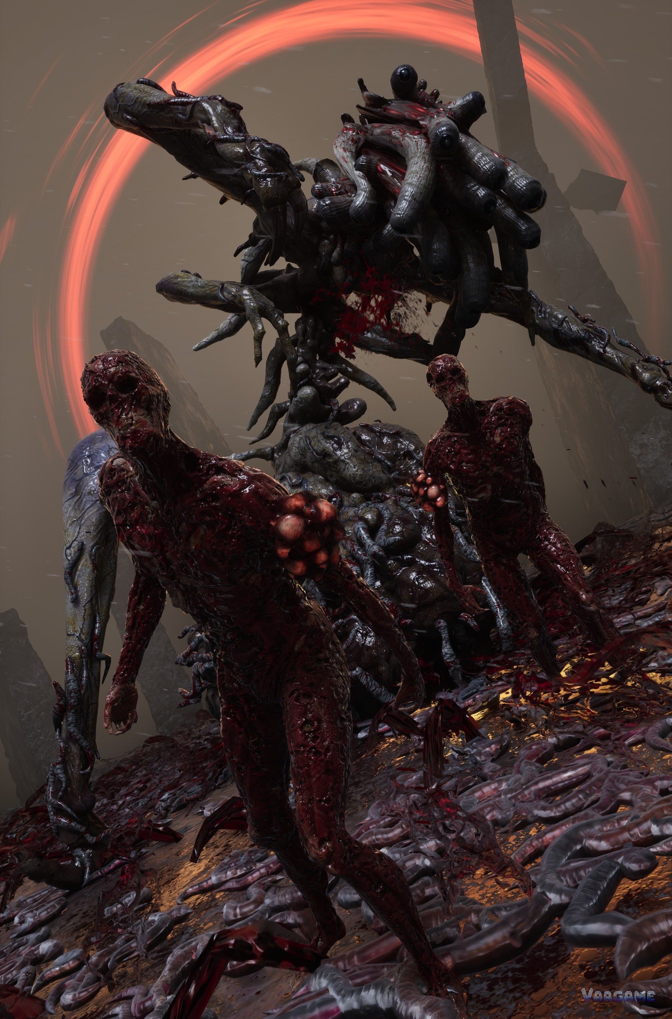 A giant monster with red humanoid creatures