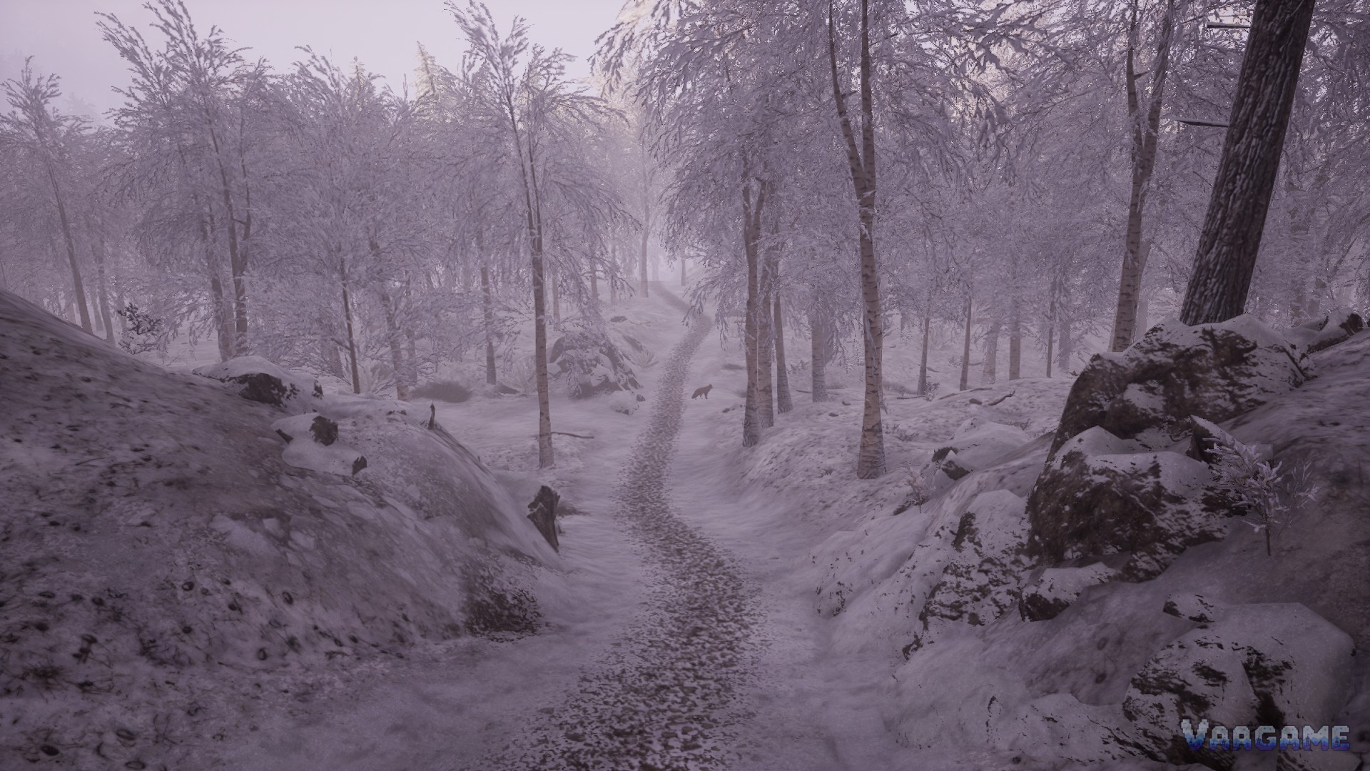 Snowy forest road with a wolf in the distance