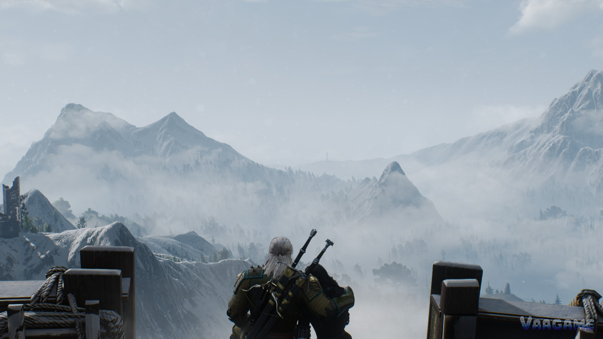 Geralt overlooking snowy mountains from a boat