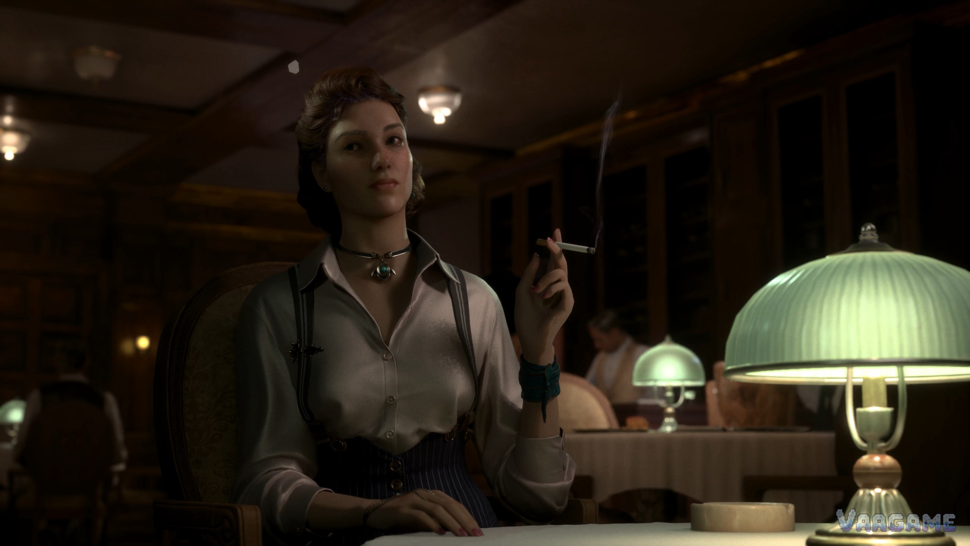 A woman in a lamplit interior