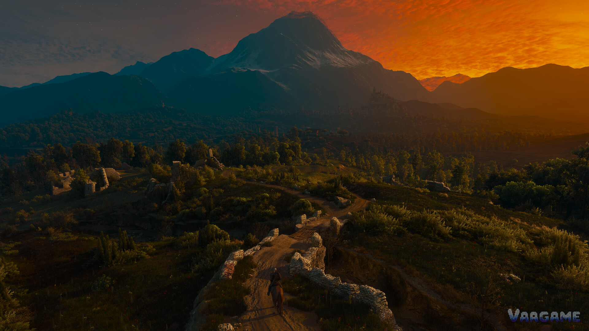 Sunset over the Toussaint countryside: a lone rider crossing a ruined stone bridge, Beauclair in the distance