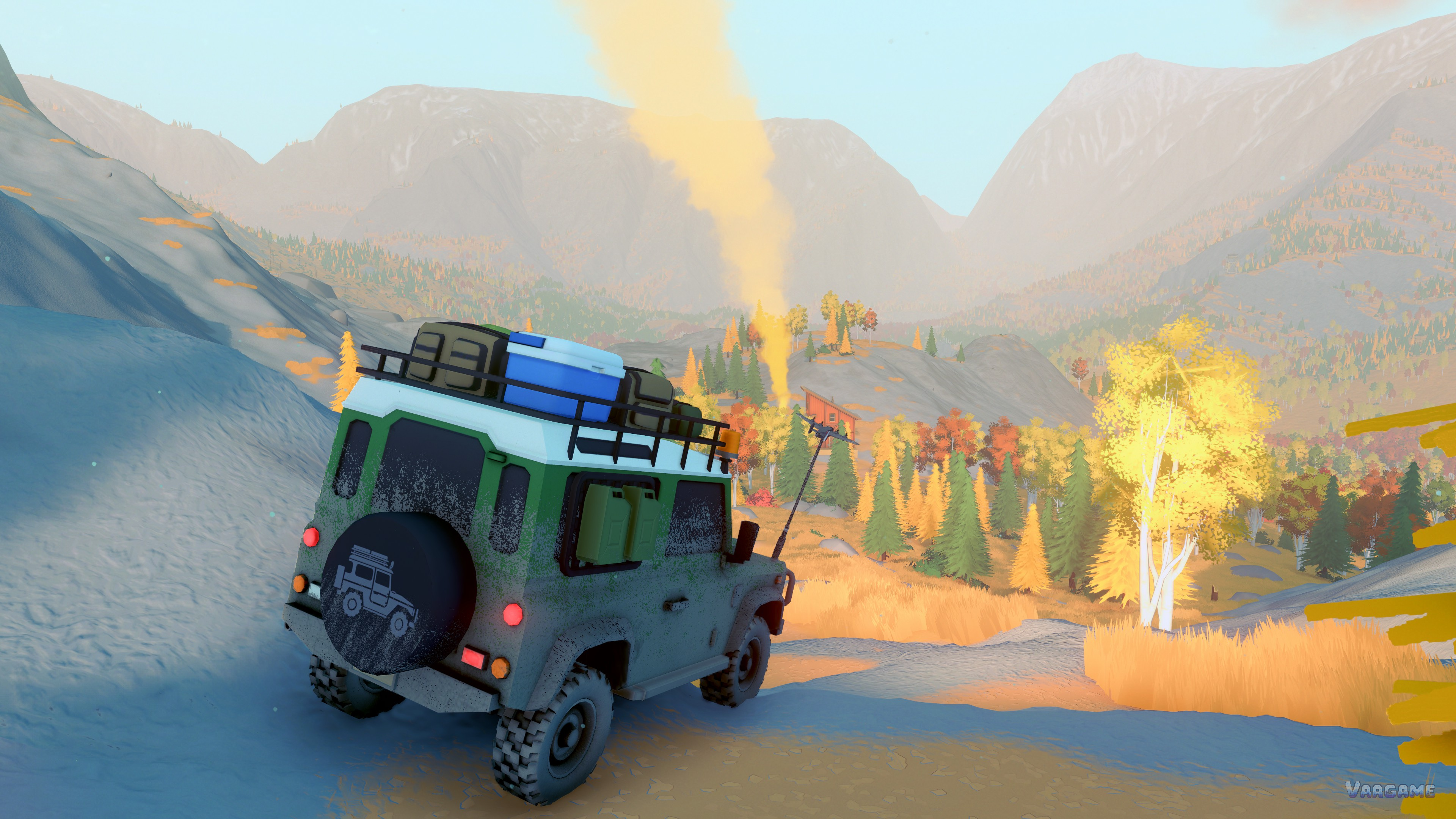 A green wagon looking toward a golden smoke column rising from the valley ahead
