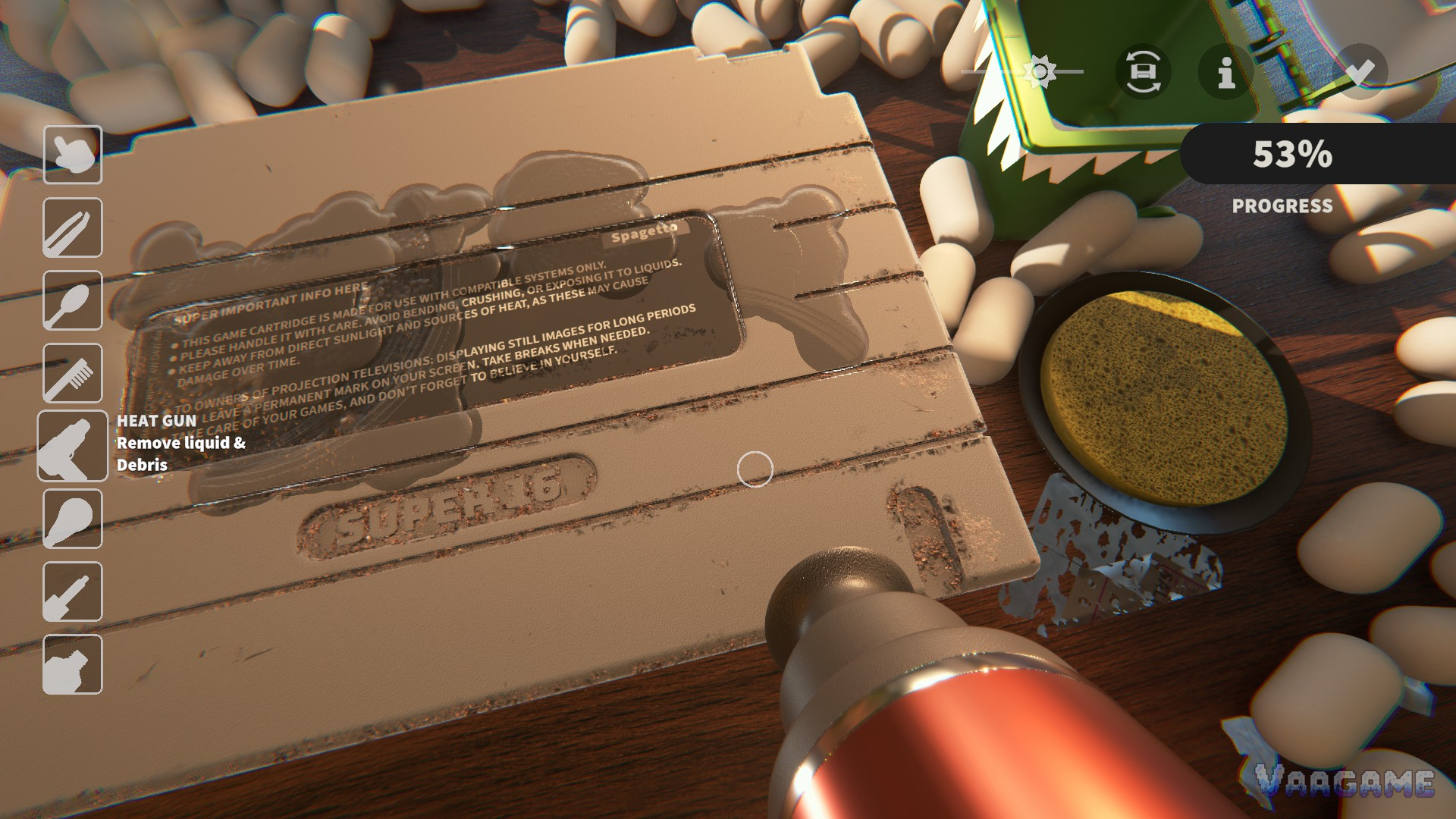 The heat gun at work on a cartridge back at 53 percent, its tooltip reading liquid and debris
