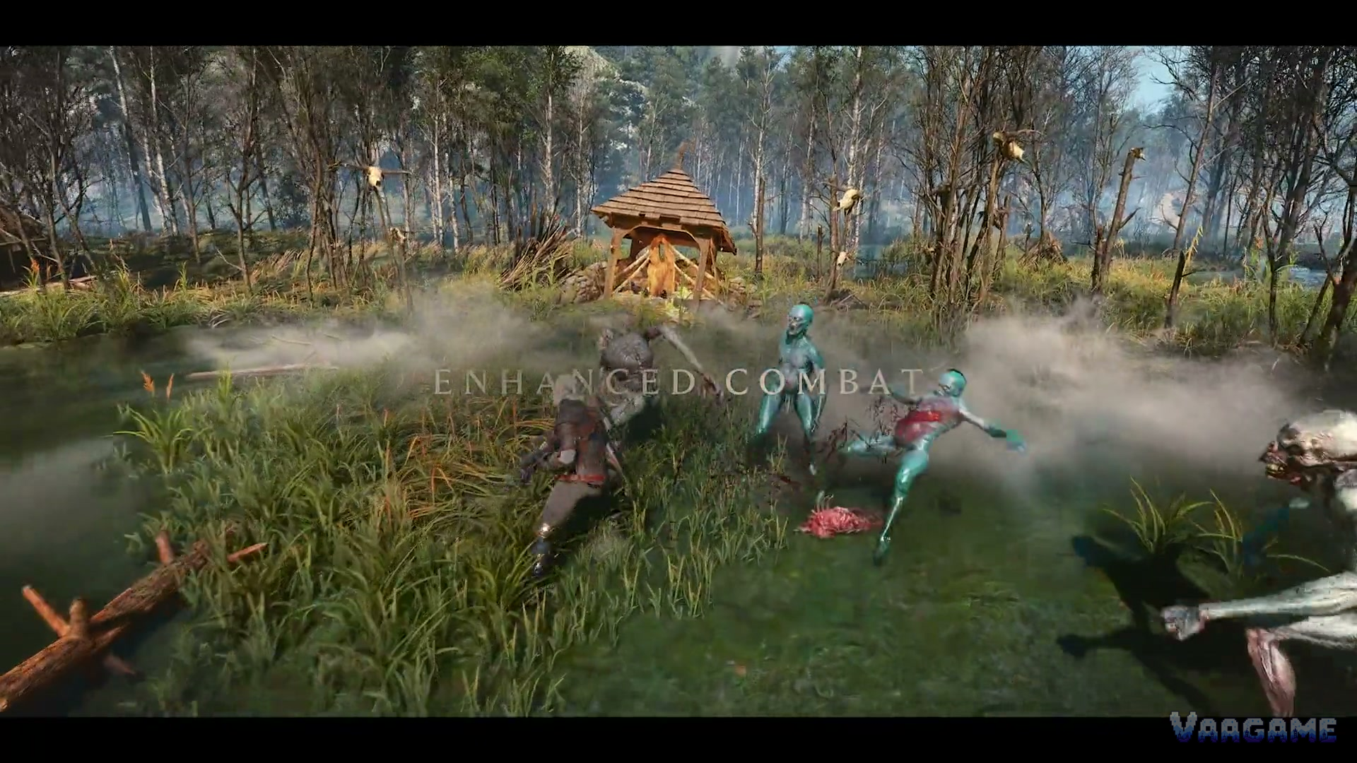 Geralt fighting drowners in a reed swamp, under the words Enhanced Combat