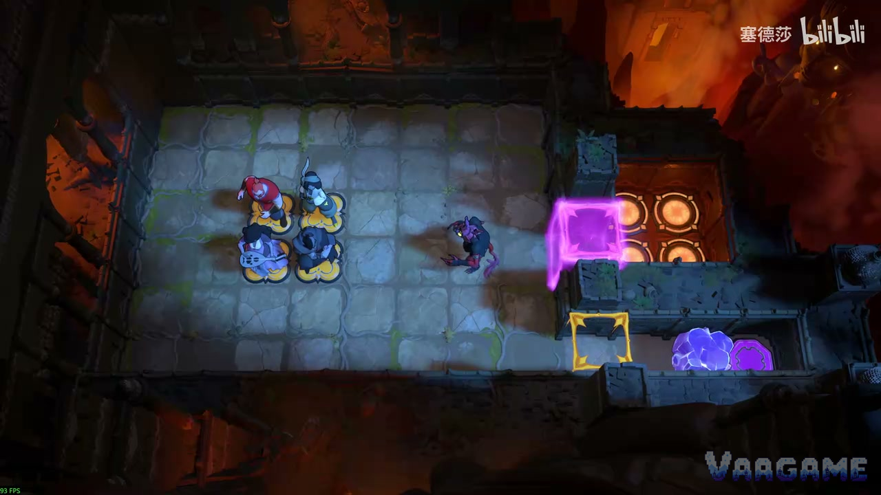 Four heroes stand together on golden pads, facing a monster