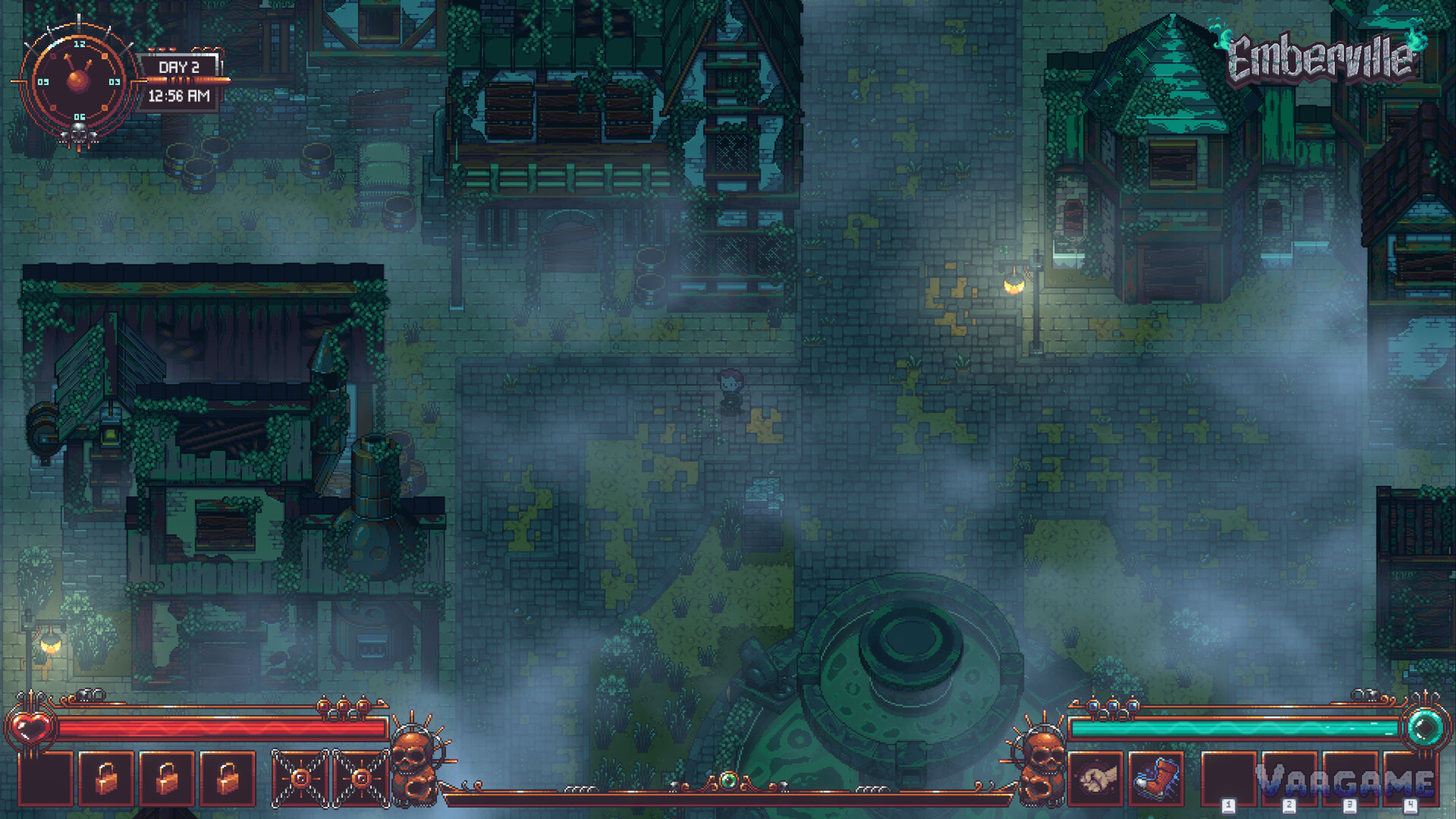 The town at night, in fog: what you are rebuilding, one villager at a time