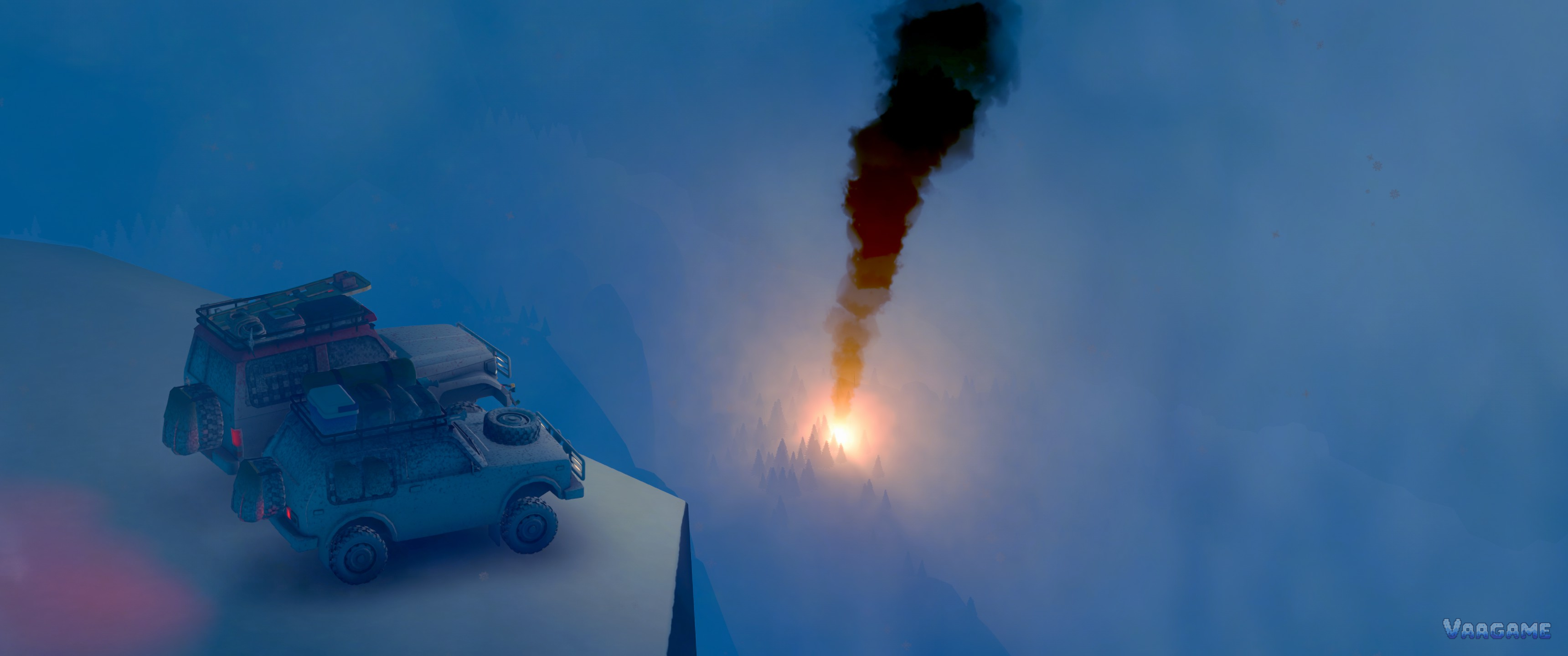 A meteor burning down through the night sky with a black smoke trail, two trucks watching from a ledge